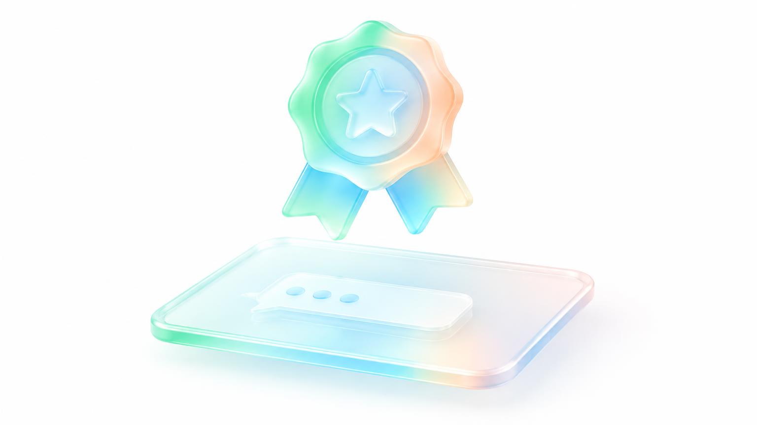 Glass award ribbon floating above a glass tablet with a chat bubble