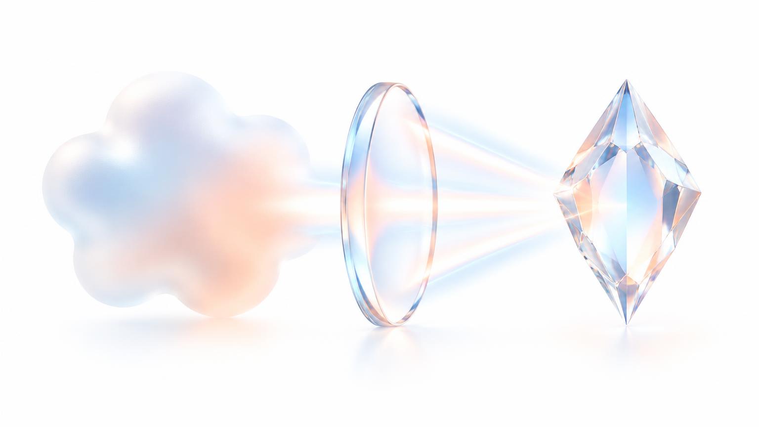Cloudy shape focused through a lens into a sharp crystal